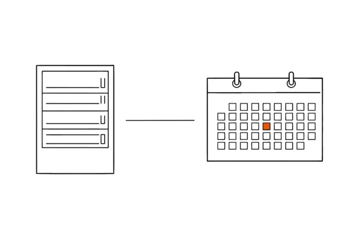 A server joined by a line to a wall calendar; one day in the calendar grid is marked orange