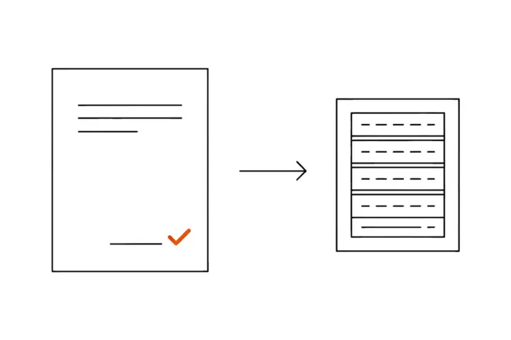 Links ein Blatt mit Textzeilen und einer Unterschriftszeile mit orangem Haken; ein Pfeil zeigt auf einen gestrichelt gezeichneten Server rechts