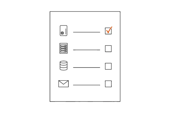 A checklist with four rows, one symbol each for an access card, a server, a database and an envelope, each with a checkbox; the first box is ticked in orange