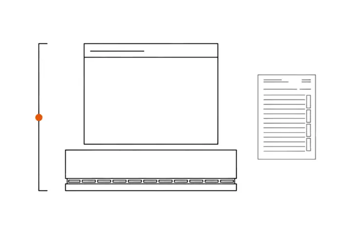 An application window standing on a server, a bracket on the left groups both and carries an orange dot; on the right a plan sheet