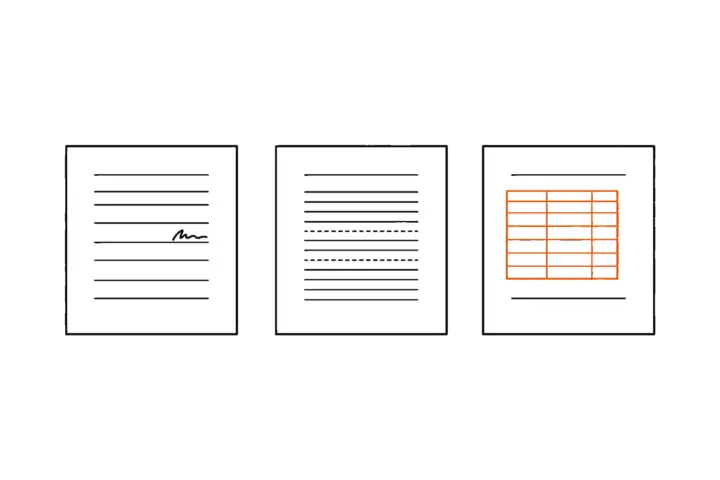 Three document pages side by side: one with a handwritten correction, one with dashed gaps, one with a slipped table marked orange