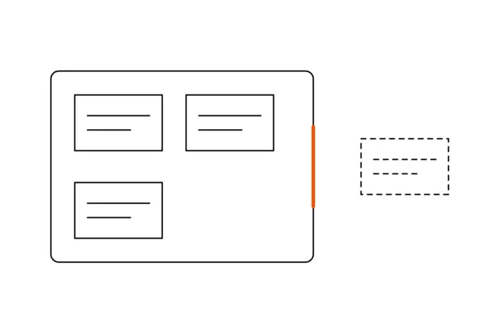 A frame holding three boxes for what is part of the work; outside it a dashed box for what is not; the stretch of the frame between them is orange