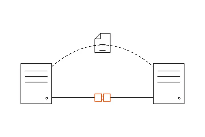 Two systems; above, a sheet travels across on a dashed arc by hand; below, a straight line with an orange plug, the interface, joins them