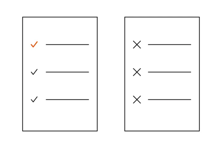 Two sheets: on the left three rows with ticks for what to do, the first tick orange; on the right three rows with crosses for what to leave