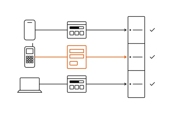 A new phone, an old keypad phone and a laptop reach the same server on three even lanes, marked with three ticks; the new phone and the laptop go through the application, the old phone through a plain form drawn in orange