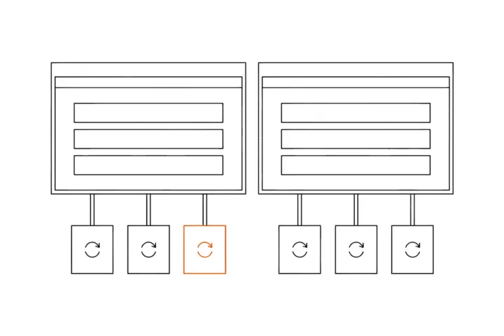 Two browser windows side by side, below each three small plugin blocks with an update arrow; one block is outlined in orange