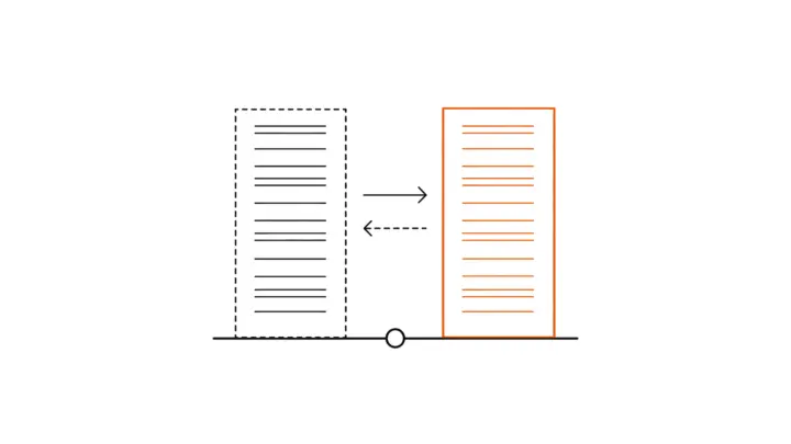 Two server cabinets with horizontal slots side by side, the left one dashed, the right one outlined in orange; one arrow points to the right, a dashed one back to the left; both stand on one line with a small circle