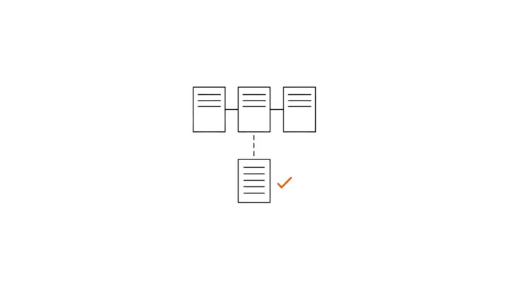 Three identical database servers in a row, connected to each other; below them a backup drawn as a sheet, connected by a dashed line, with a small orange check mark beside it