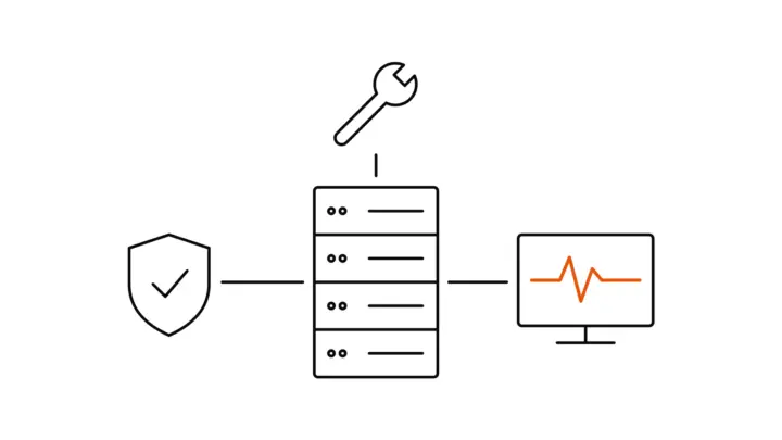 A server rack with four units in the middle, joined by lines to an open-end wrench above it, a shield with a tick on the left and a screen with an orange pulse line on the right