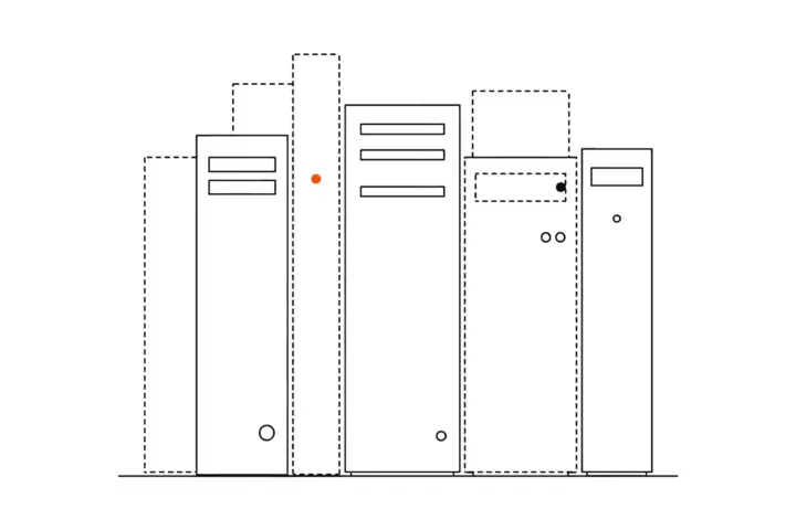 Several separate servers of different heights on one base line, some drawn dashed as if ageing; an orange dot lights up on one server