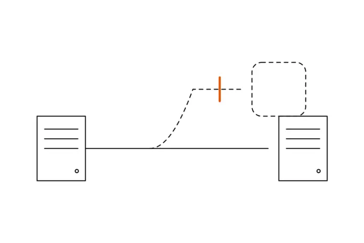 Ein System läuft auf einer geraden Linie weiter; die Abzweigung zu einer neuen, gestrichelten Plattform ist mit einem orangen Querstrich gesperrt