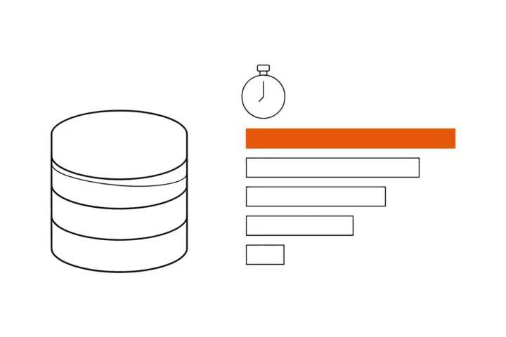 A database cylinder, next to it a stopwatch and five horizontal bars of different lengths like query timings; the longest bar is orange