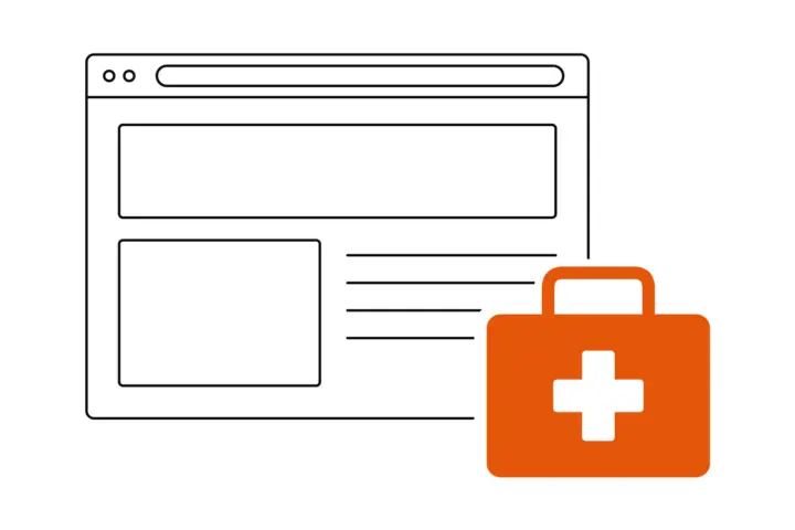 An application window with an orange first aid kit with a white cross in front of its lower right corner