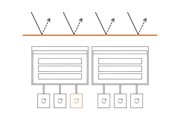 Two browser windows with three plugins each, one plugin with an update arrow outlined in orange; above them an orange line standing for the web application firewall, and four attacks coming from above bounce off it