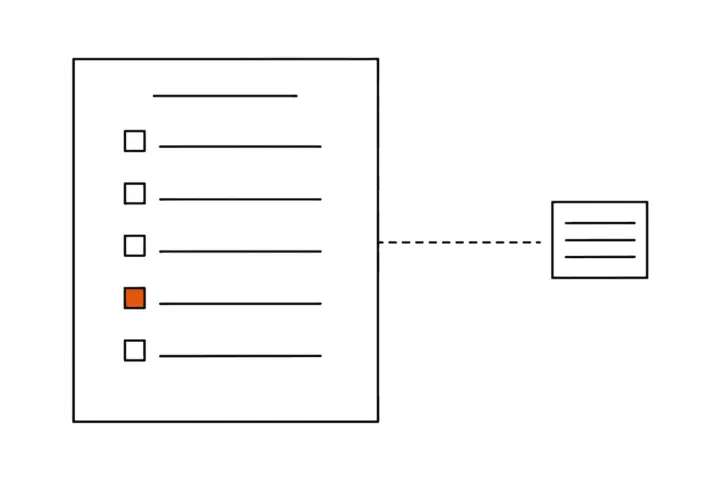 A questionnaire with five rows and checkboxes, one of them filled orange, joined by a dashed line to a small server