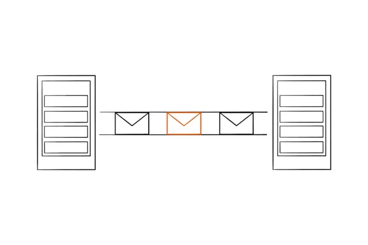 Two mail servers, left and right, joined by two parallel lines; between them three envelopes, one outlined in orange