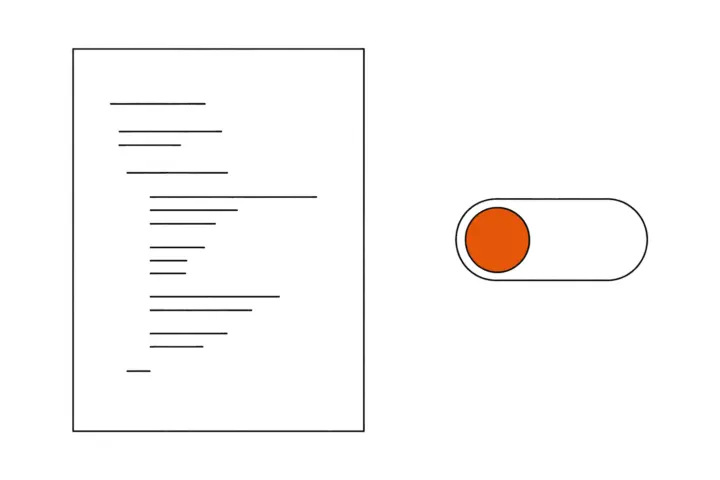 On the left a sheet with indented lines of code, on the right a large toggle switch in the off position; the knob is orange